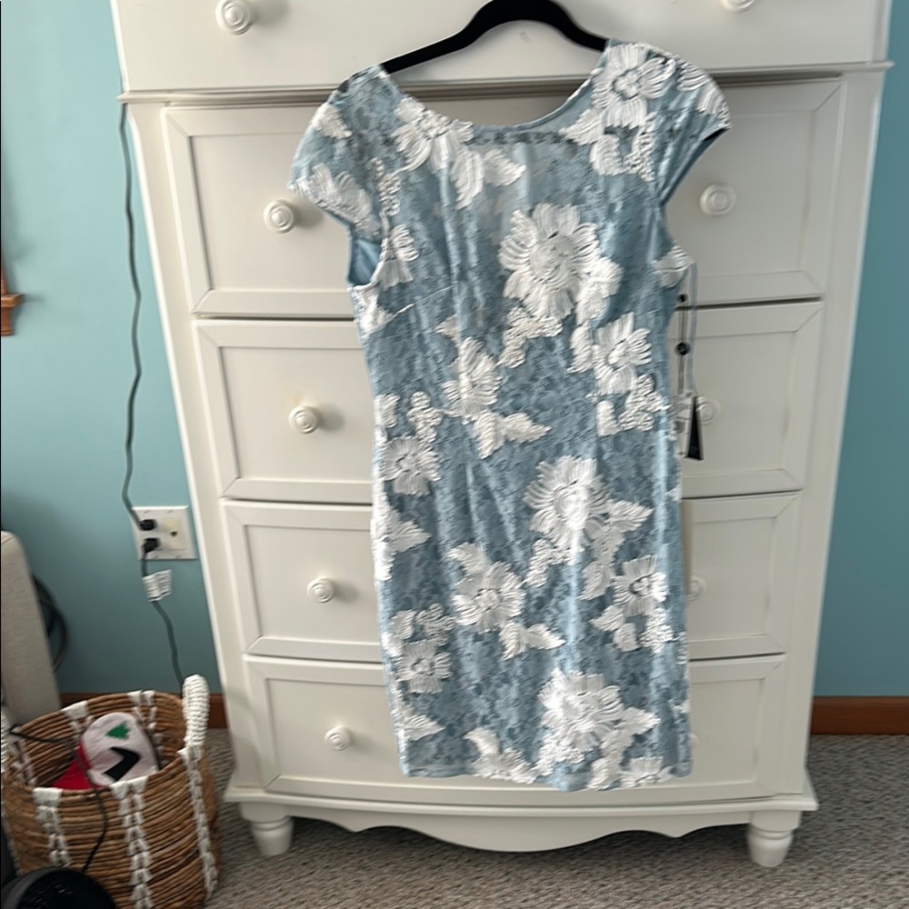 Adrianna Papell Blue and White Sheath Dress with Cap Sleeves